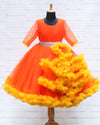 Pre-Order: Orange And Mango Yellow Flouncy Frill Gown With Silver Belt