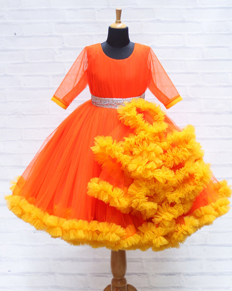 Pre-Order: Orange And Mango Yellow Flouncy Frill Gown With Silver Belt