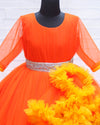 Pre-Order: Orange And Mango Yellow Flouncy Frill Gown With Silver Belt