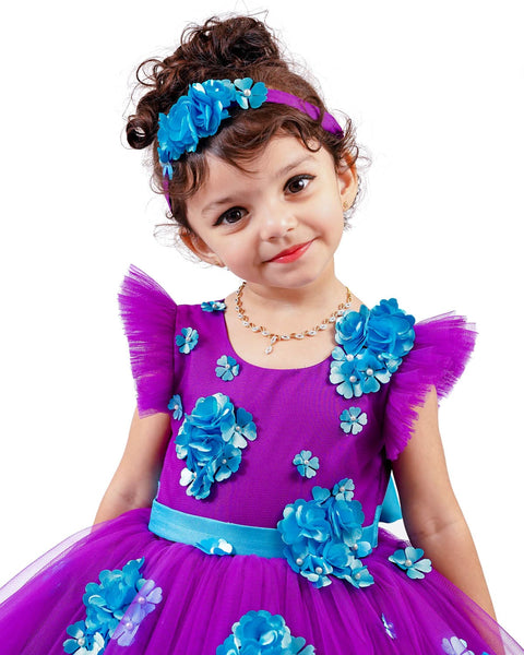 Pre-Order: Violet Frilled Partywear Gown With Sea Blue Flower Embellishment and Frilled Detailing
