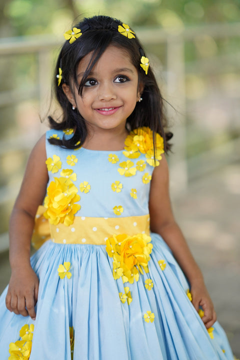 Pre-Order: Light Cobalt Blue Taffeta Gown With Lemon Yellow Flower Embellishment"