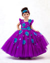 Pre-Order: Violet Frilled Partywear Gown With Sea Blue Flower Embellishment and Frilled Detailing