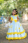 Pre-Order: Light Cobalt Blue Taffeta Gown With Lemon Yellow Flower Embellishment"