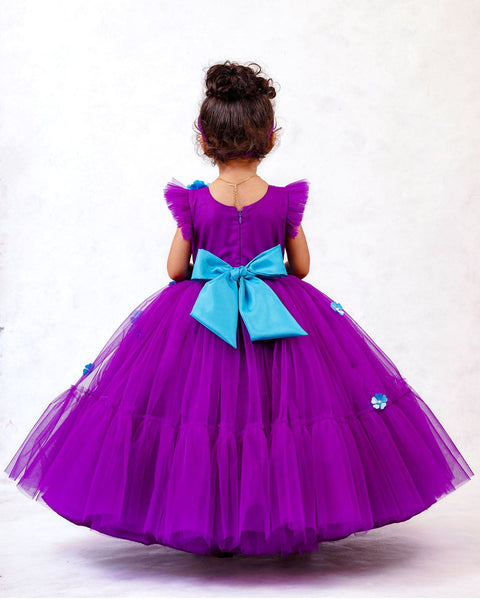 Pre-Order: Violet Frilled Partywear Gown With Sea Blue Flower Embellishment and Frilled Detailing