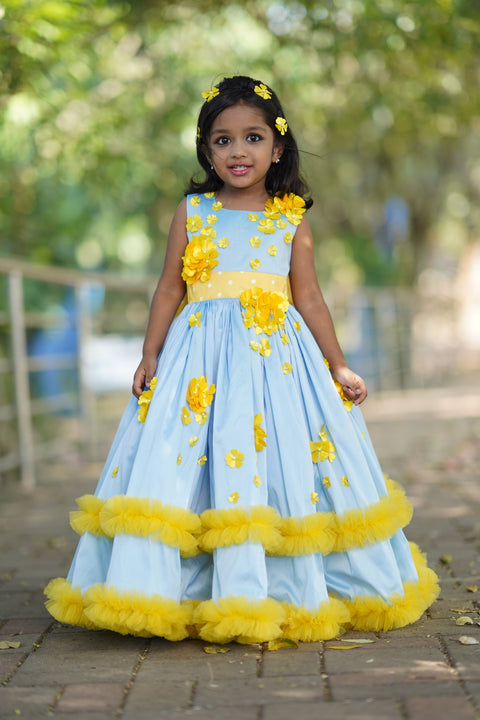 Pre-Order: Light Cobalt Blue Taffeta Gown With Lemon Yellow Flower Embellishment"