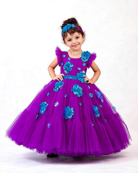 Pre-Order: Violet Frilled Partywear Gown With Sea Blue Flower Embellishment and Frilled Detailing