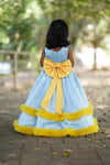 Pre-Order: Light Cobalt Blue Taffeta Gown With Lemon Yellow Flower Embellishment"