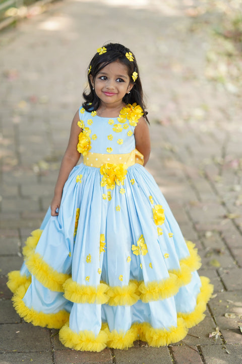 Pre-Order: Light Cobalt Blue Taffeta Gown With Lemon Yellow Flower Embellishment"
