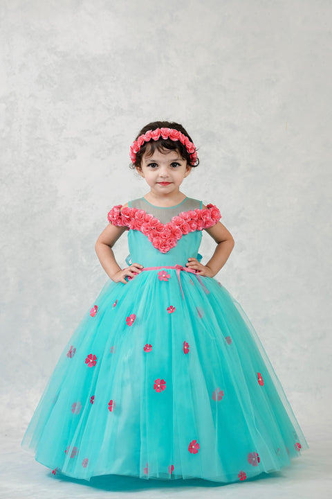 Pre-Order: Light Aqua Blue Net Gown With Hand Made Pink Flower Off Shoulder Design