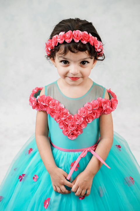 Pre-Order: Light Aqua Blue Net Gown With Hand Made Pink Flower Off Shoulder Design