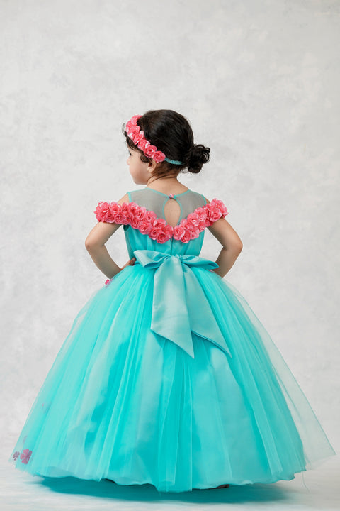 Pre-Order: Light Aqua Blue Net Gown With Hand Made Pink Flower Off Shoulder Design