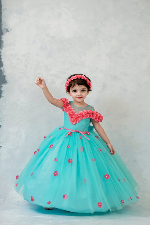 Pre-Order: Light Aqua Blue Net Gown With Hand Made Pink Flower Off Shoulder Design