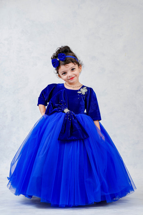 Pre-Order:  Royal Blue Velvet Partywear Gown With Designer Bow Detailing
