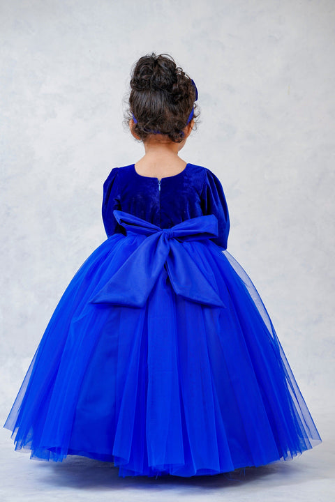 Pre-Order:  Royal Blue Velvet Partywear Gown With Designer Bow Detailing