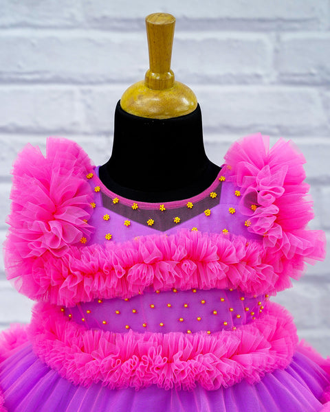 Pre-Order:  Simple Lavender Net Gown With Detachable Pink Frill Net Jacket Gown