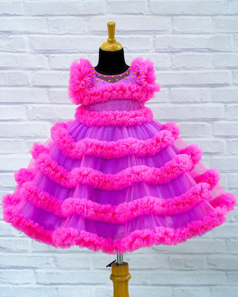 Pre-Order:  Simple Lavender Net Gown With Detachable Pink Frill Net Jacket Gown