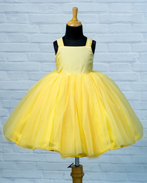 Pre-Order:  Simple yellow Net Gown With Detachable Pink Frill Net Jacket Gown