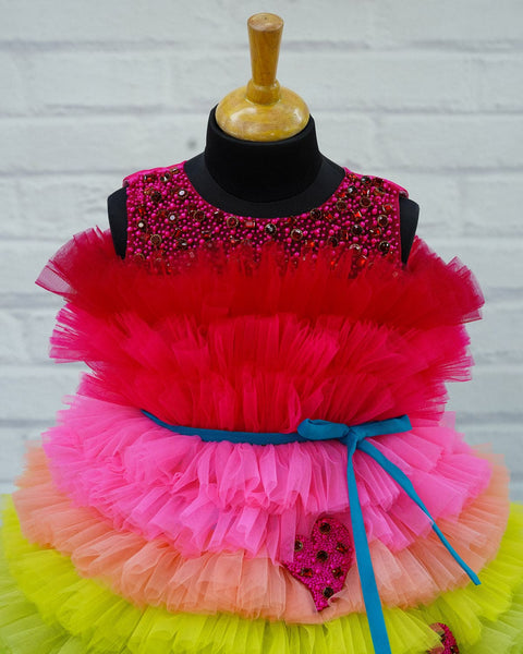 Pre-Order: Hand Crafted Pink Little Heart With Multi Vibrant Frilled Gown