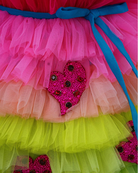 Pre-Order: Hand Crafted Pink Little Heart With Multi Vibrant Frilled Gown