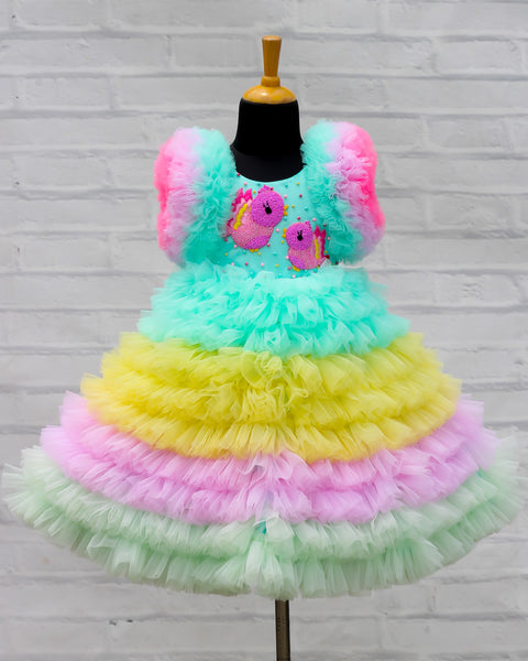 Pre-Order: Tiny Birds Theme Multi Frilled Gown With Detachable Wings Skirt