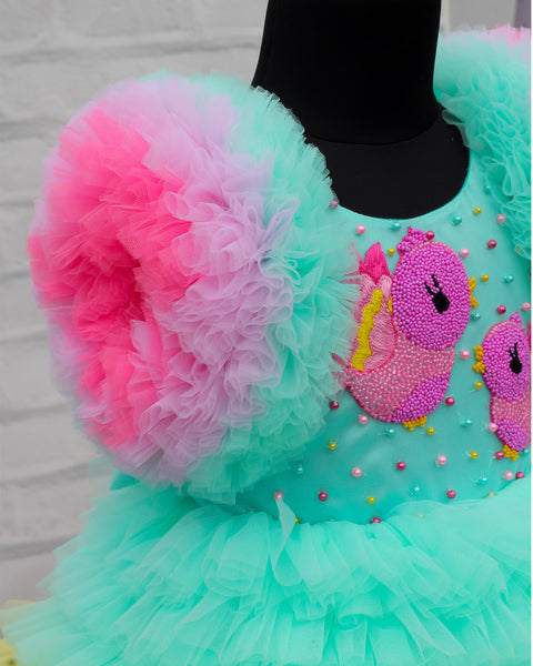 Pre-Order: Tiny Birds Theme Multi Frilled Gown With Detachable Wings Skirt