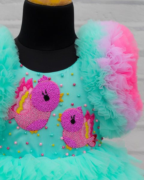 Pre-Order: Tiny Birds Theme Multi Frilled Gown With Detachable Wings Skirt