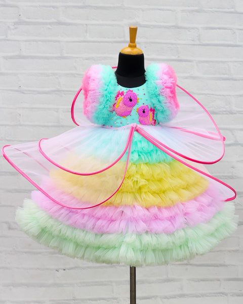 Pre-Order: Tiny Birds Theme Multi Frilled Gown With Detachable Wings Skirt