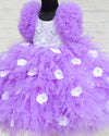 Pre-Order: Dark Lavender Feather Frilled Gown With Embroidery Yoke And Flower Patches Embellishments