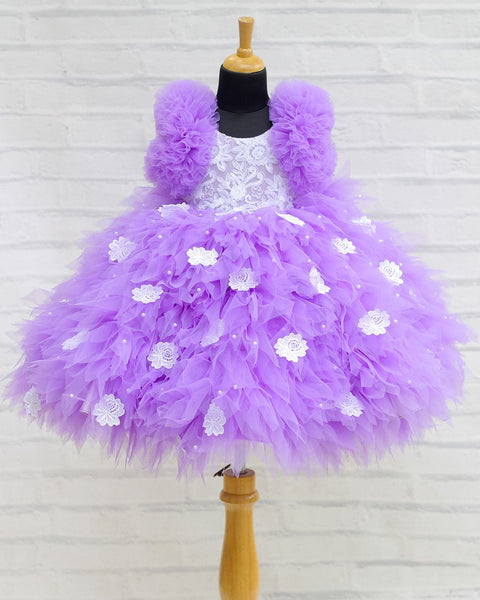 Pre-Order: Dark Lavender Feather Frilled Gown With Embroidery Yoke And Flower Patches Embellishments