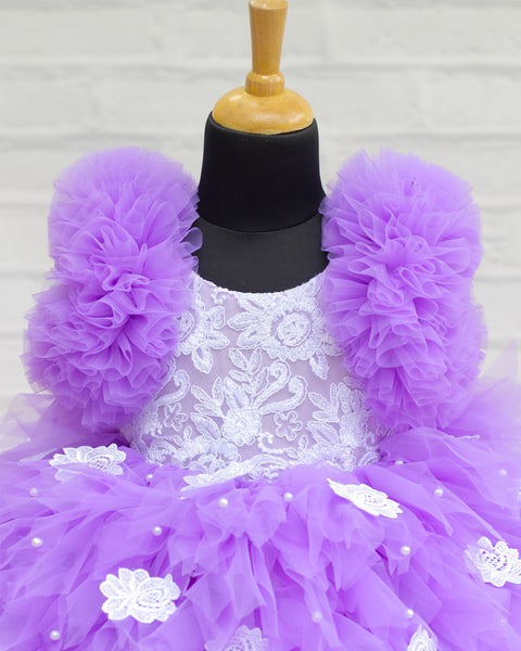 Pre-Order: Dark Lavender Feather Frilled Gown With Embroidery Yoke And Flower Patches Embellishments