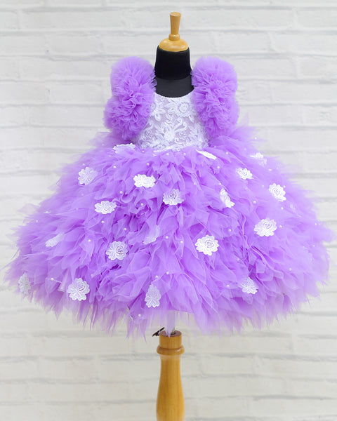 Pre-Order: Dark Lavender Feather Frilled Gown With Embroidery Yoke And Flower Patches Embellishments