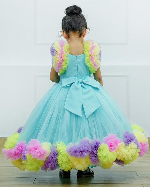 Pre-order: Rainbow with cloud theme in light multi colour frilled gown