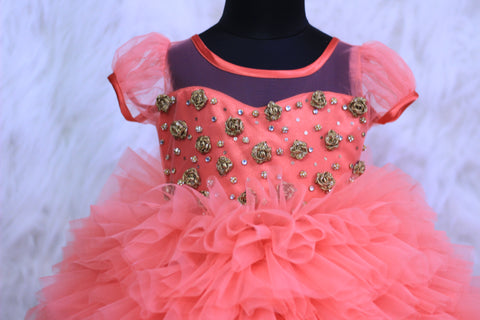 Pre-Order: Tomato Red And Peach Frilled Ball Gown"