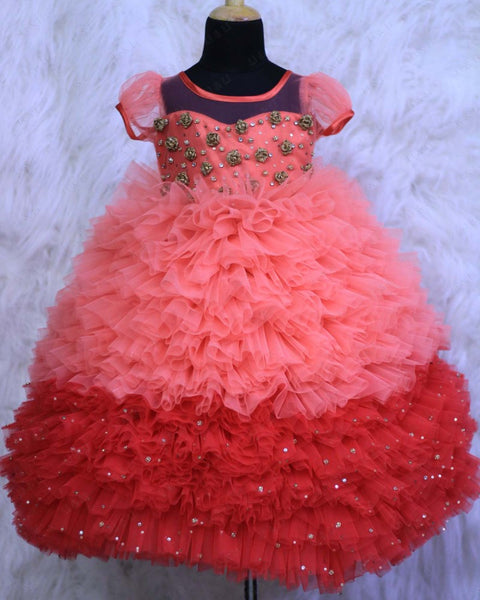 Pre-Order: Tomato Red And Peach Frilled Ball Gown"