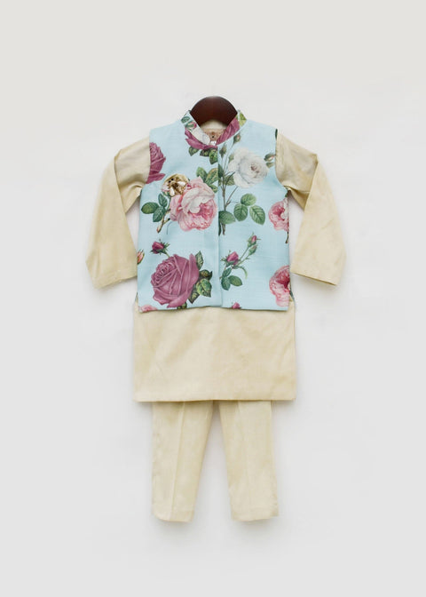 Pre-Order: Light Fawn Kurta Pant with Blue Floral Print Jacket