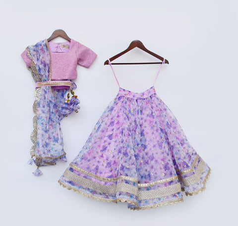 Pre Order: Lilac Floral Print Organza Lehenga Choli and Dupatta