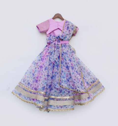 Pre Order: Lilac Floral Print Organza Lehenga Choli and Dupatta