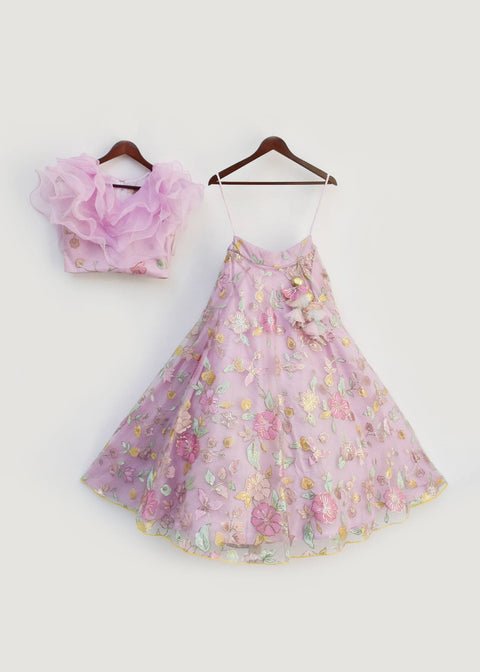 Pre-Order: Lilac Organza Frill Top with Embroidery Lehenga