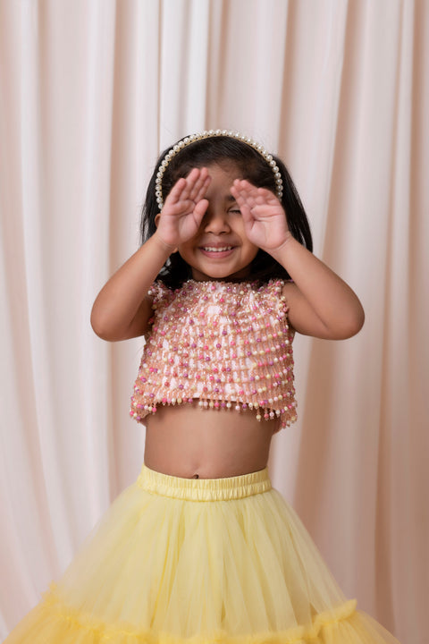 Pre-Order: Multicolour Pearl Hanging Ghagra Set