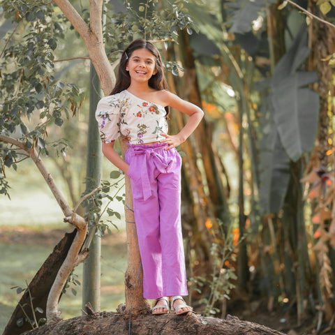 One Shoulder Floral Top With Paper Bag Pants-White And Purple