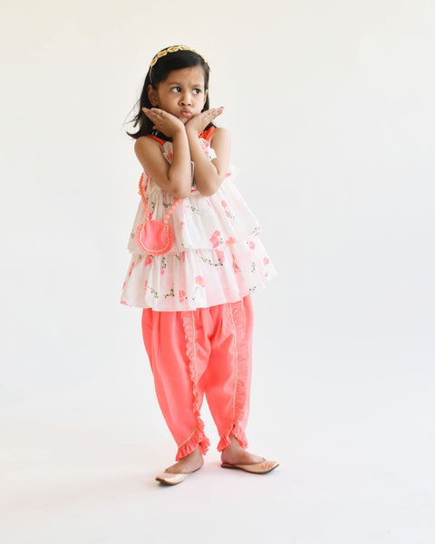 Pre Order: Off-White Floral Print Kurti and Pink Dhoti