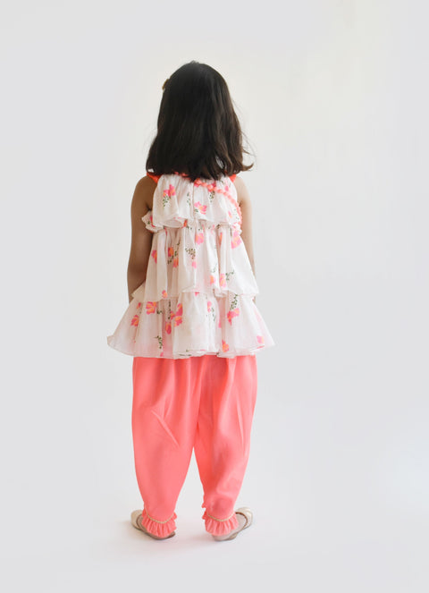 Pre Order: Off-White Floral Print Kurti and Pink Dhoti