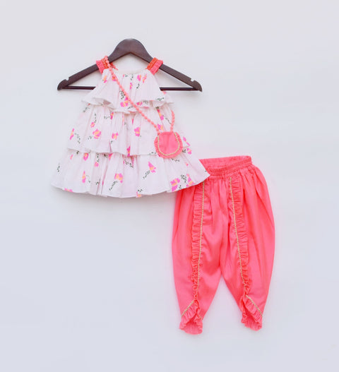 Pre Order: Off-White Floral Print Kurti and Pink Dhoti