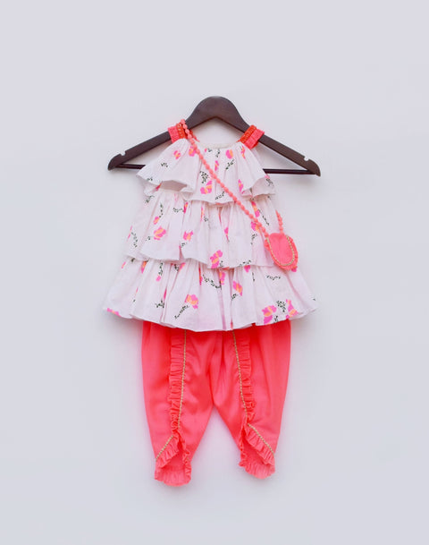 Pre Order: Off-White Floral Print Kurti and Pink Dhoti