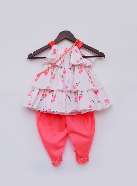 Pre Order: Off-White Floral Print Kurti and Pink Dhoti
