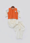 Pre-Order: Off white Silk Cowl Kurta and Churidar with Orange Jacket