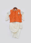 Pre-Order: Off white Silk Cowl Kurta and Churidar with Orange Jacket