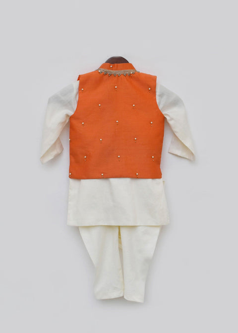 Pre-Order: Off white Silk Cowl Kurta and Churidar with Orange Jacket