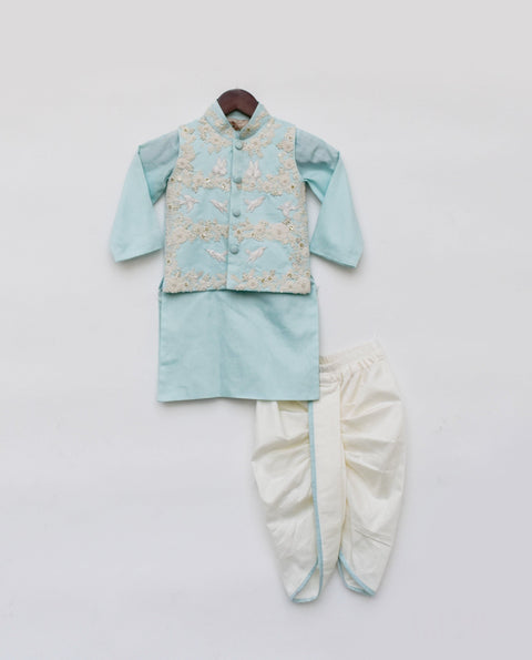 Pre-Order: Off-White Thread Embroidery Jacket and Blue Kurta Dhoti