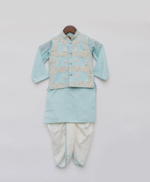 Pre-Order: Off-White Thread Embroidery Jacket and Blue Kurta Dhoti
